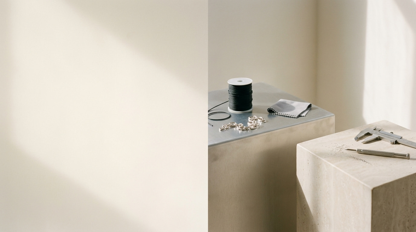 A jeweller's atelier: a spool of black waxed cord, sterling silver links and a polishing cloth on a brushed aluminium shelf, with a caliper and engraving tool resting on a travertine pedestal in raking sunlight